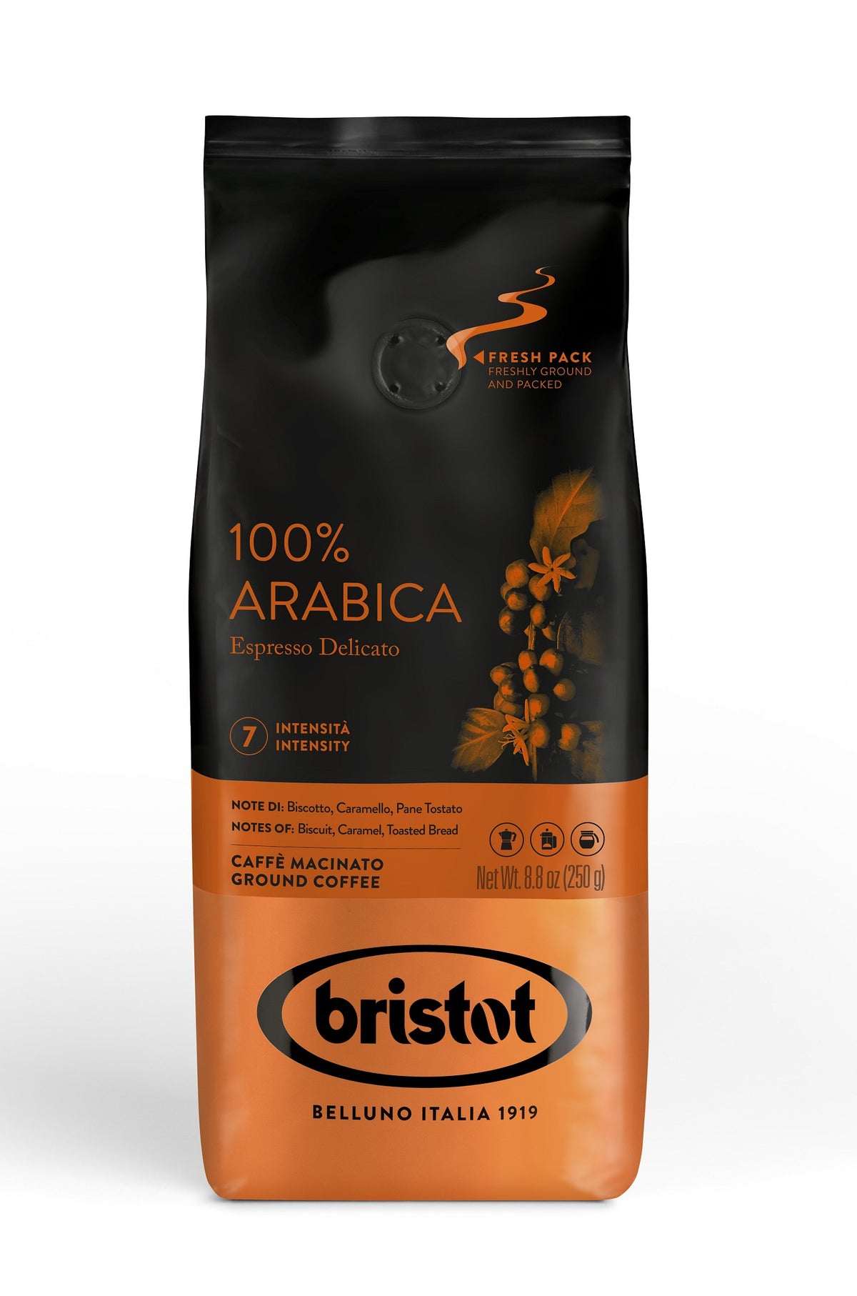 Frontansicht der Verpackung von Bristot 100% Arabica.