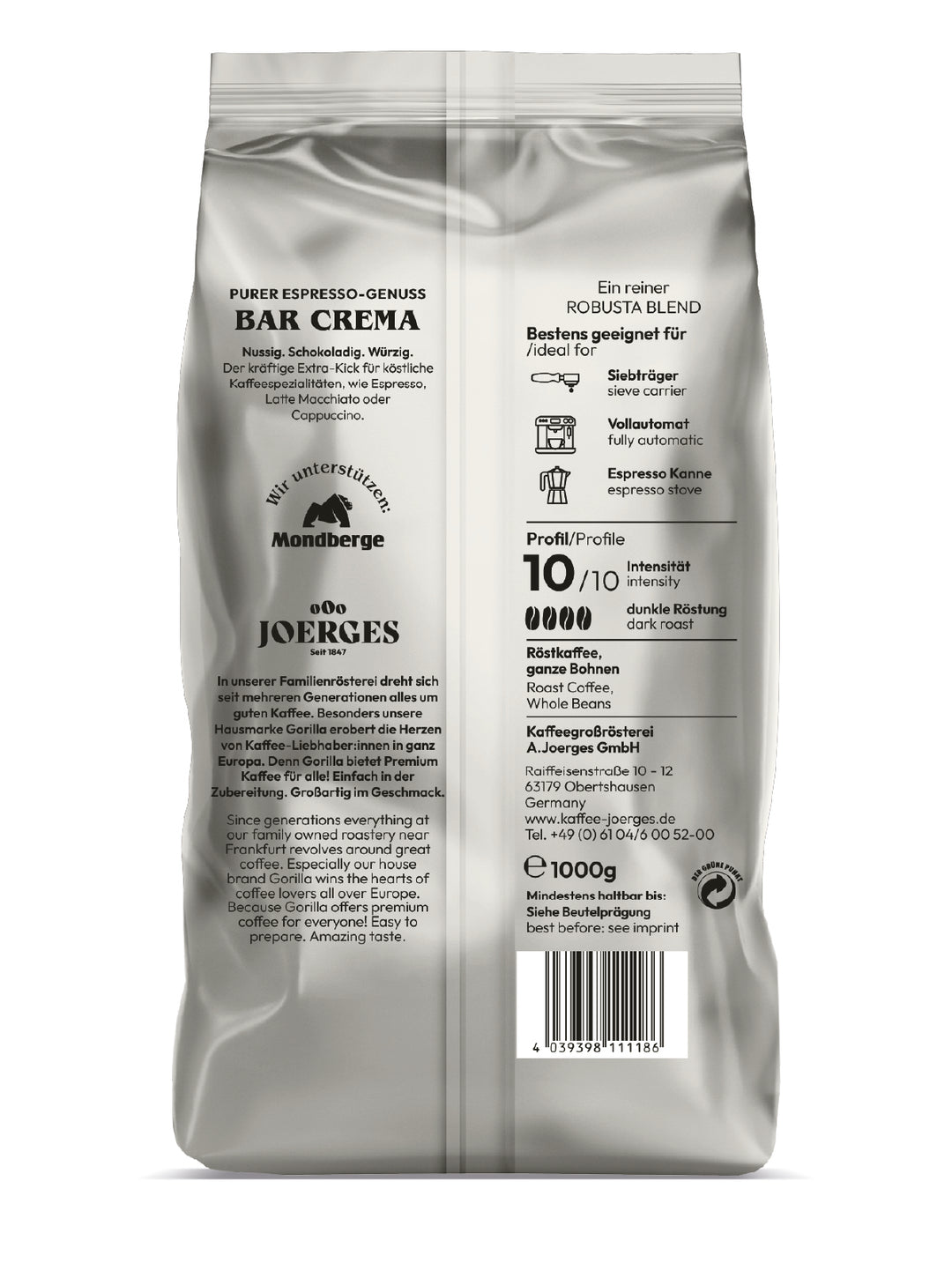 Gorilla Espresso Bar Crema ganze Bohnen 1kg ein vollmundiger, starker Kaffee