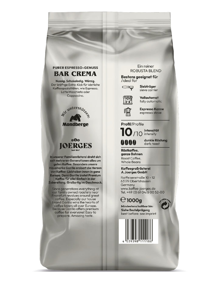 Gorilla Espresso Bar Crema ganze Bohnen 1kg ein vollmundiger, starker Kaffee