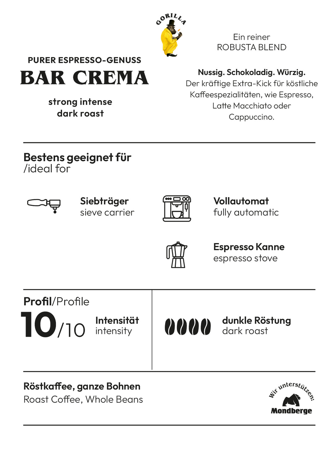 Gorilla Espresso Bar Crema ganze Bohnen 1kg ein vollmundiger, starker Kaffee
