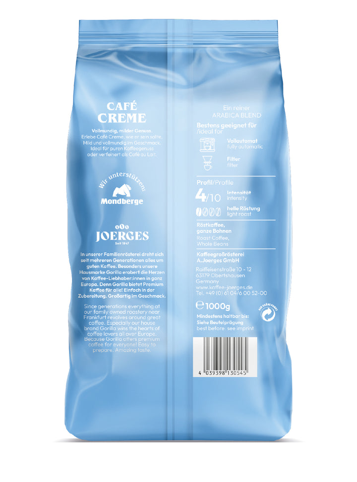 Gorilla Café Creme ganze Bohnen 1kg ein Kaffee mit geringem Koffein-Gehalt
