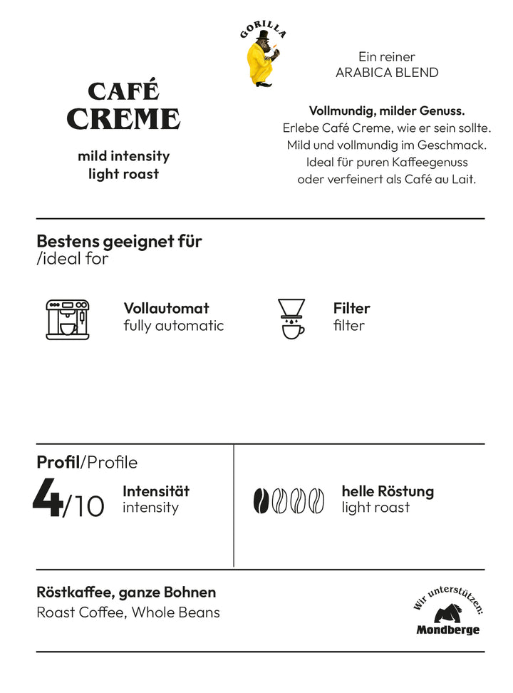 Gorilla Café Creme ganze Bohnen 1kg ein Kaffee mit geringem Koffein-Gehalt
