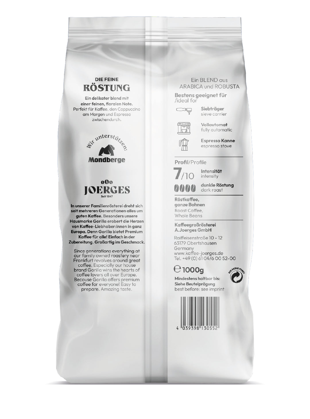 Gorilla Espresso Delicato ganze Bohnen 1kg mild mit einer angenehmen Säure