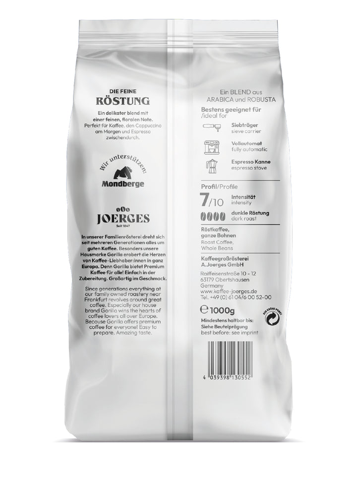 Gorilla Espresso Delicato ganze Bohnen 1kg mild mit einer angenehmen Säure