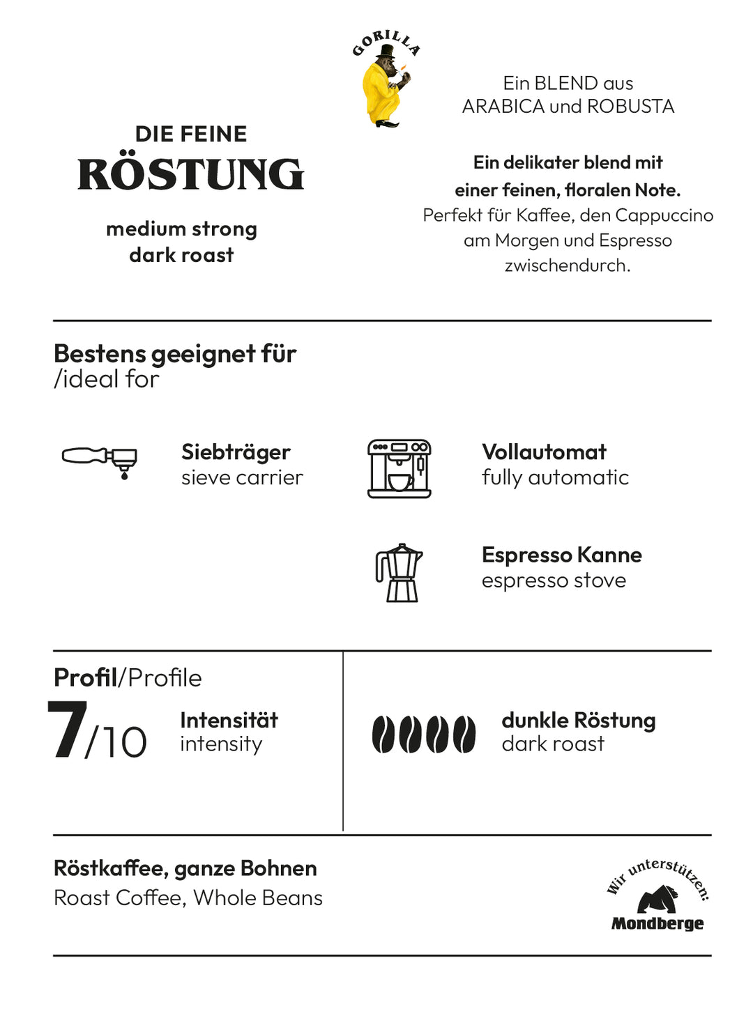 Gorilla Espresso Delicato ganze Bohnen 1kg mild mit einer angenehmen Säure