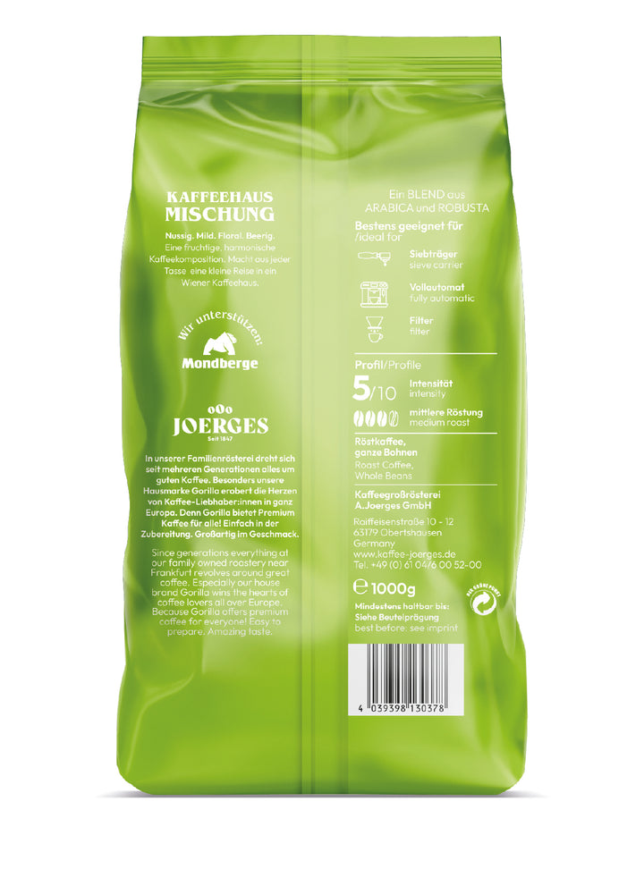 Gorilla Kaffeehaus ganze Bohnen 1kg eine edle Mischung ohne Bitterstoffe
