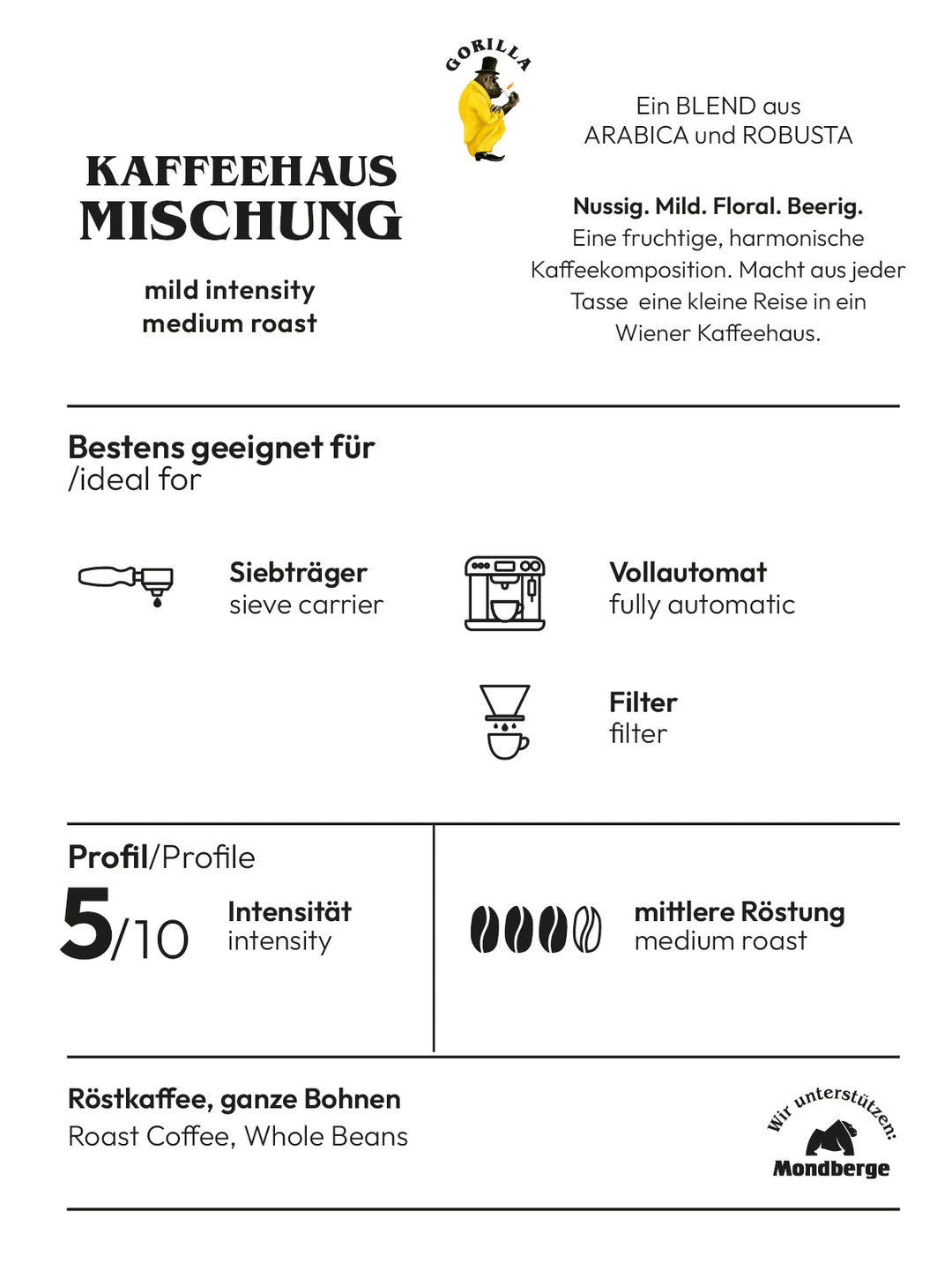 Gorilla Kaffeehaus ganze Bohnen 1kg eine edle Mischung ohne Bitterstoffe