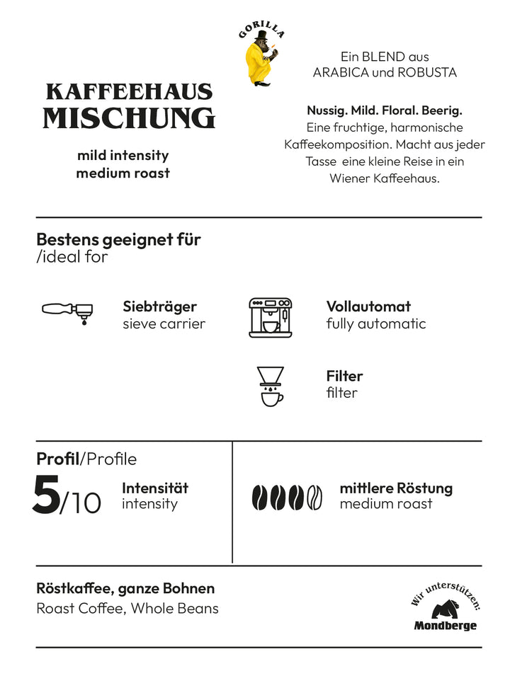 Gorilla Kaffeehaus ganze Bohnen 1kg eine edle Mischung ohne Bitterstoffe