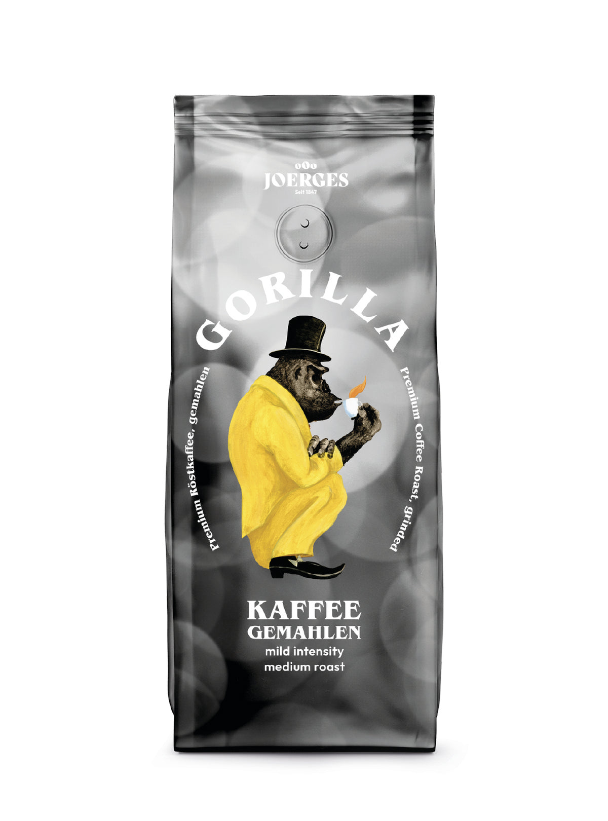 Frontansicht der Verpackung von Gorilla Kaffee, 500g gemahlen.